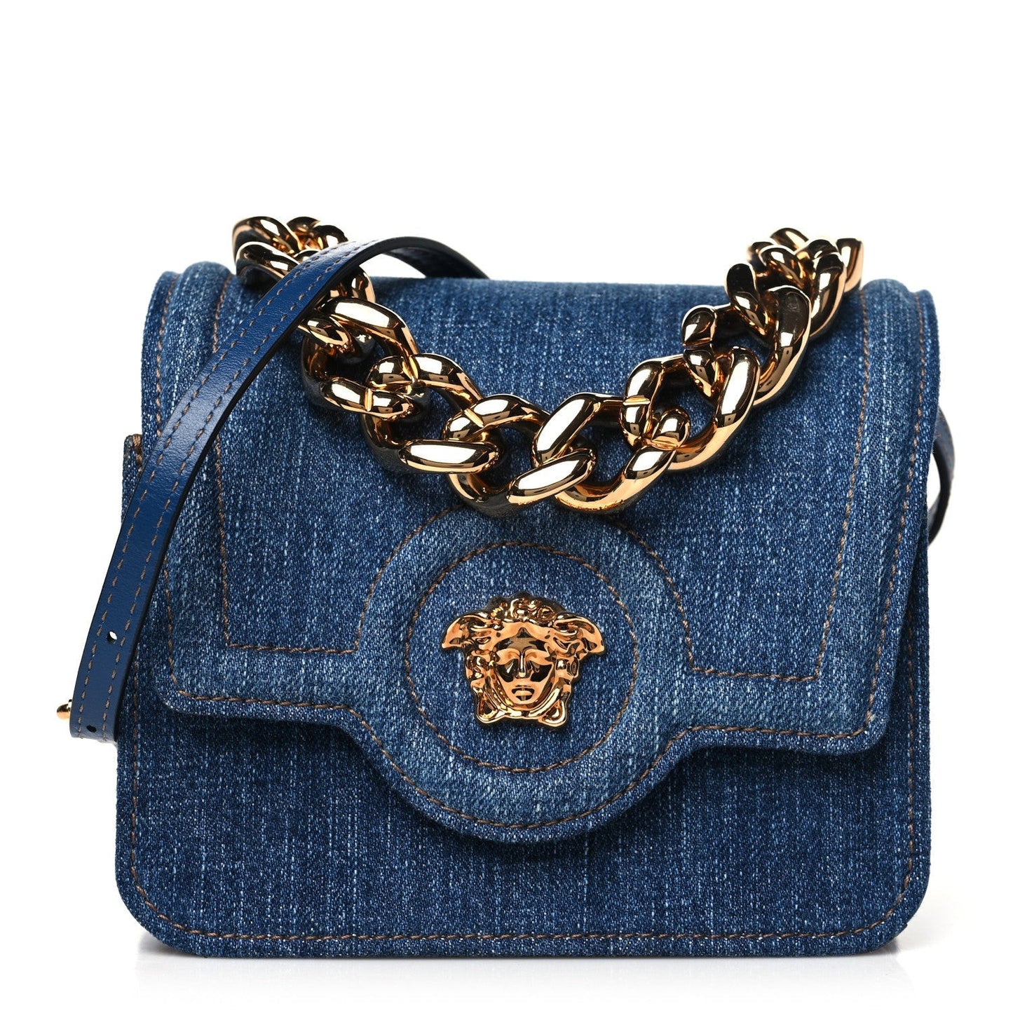 Denim La Medusa Chain Shoulder Bag Navy Blue