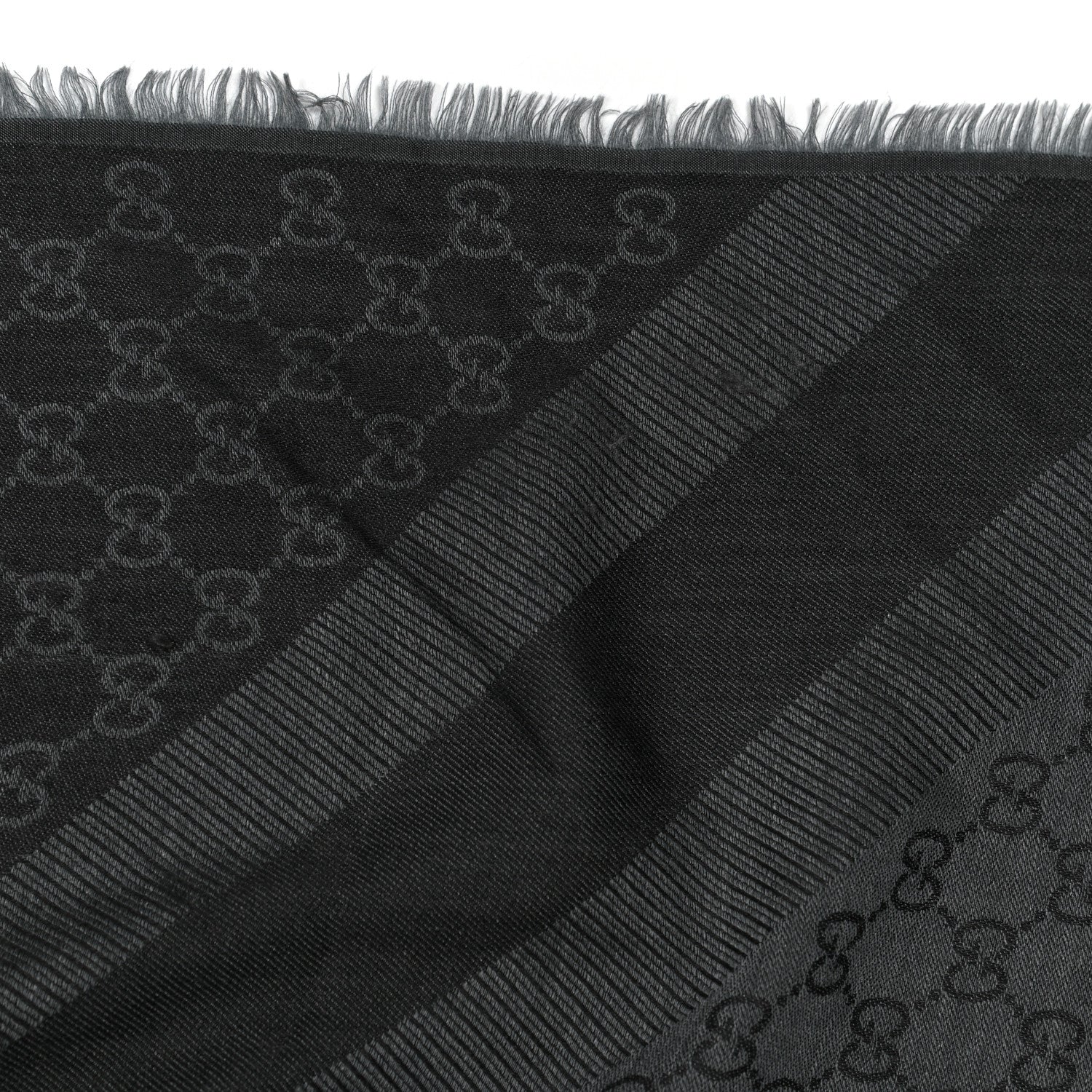 Gucci Wool Silk Monogram GGWeb Fringe Shawl Black Medium Grey 3 of 4