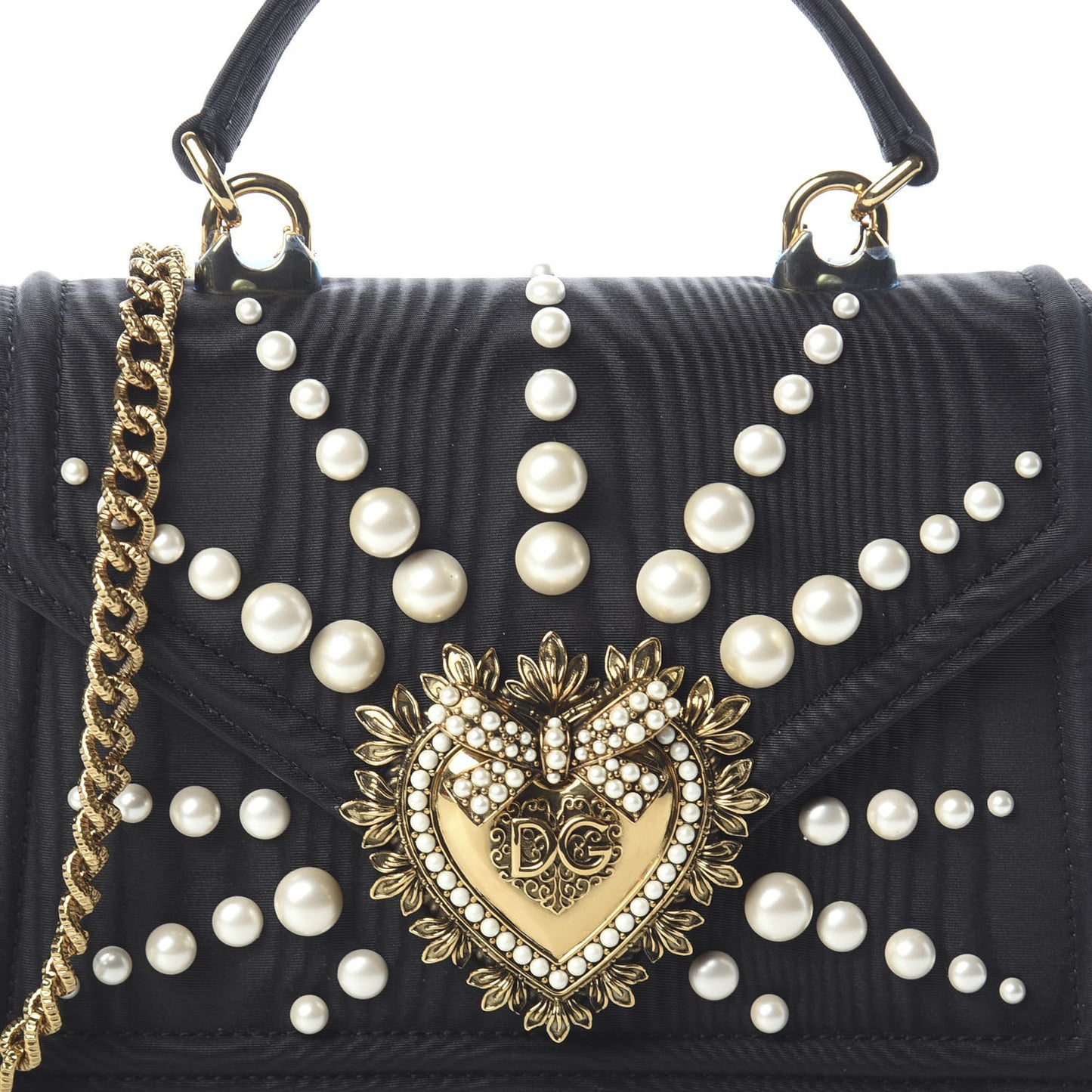 Moire Pearl Embellished Small Devotion Top Handle Bag Black