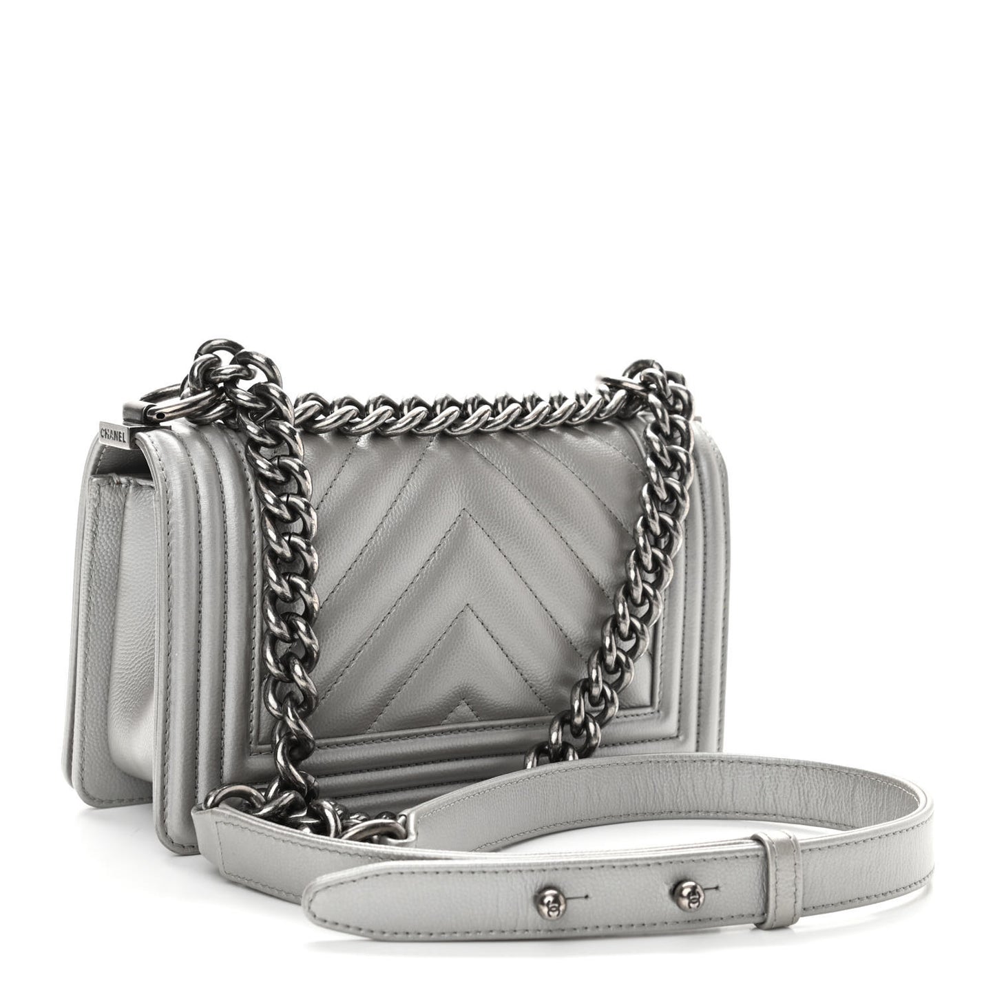 Metallic Caviar Chevron Quilted Small Boy Flap Silver