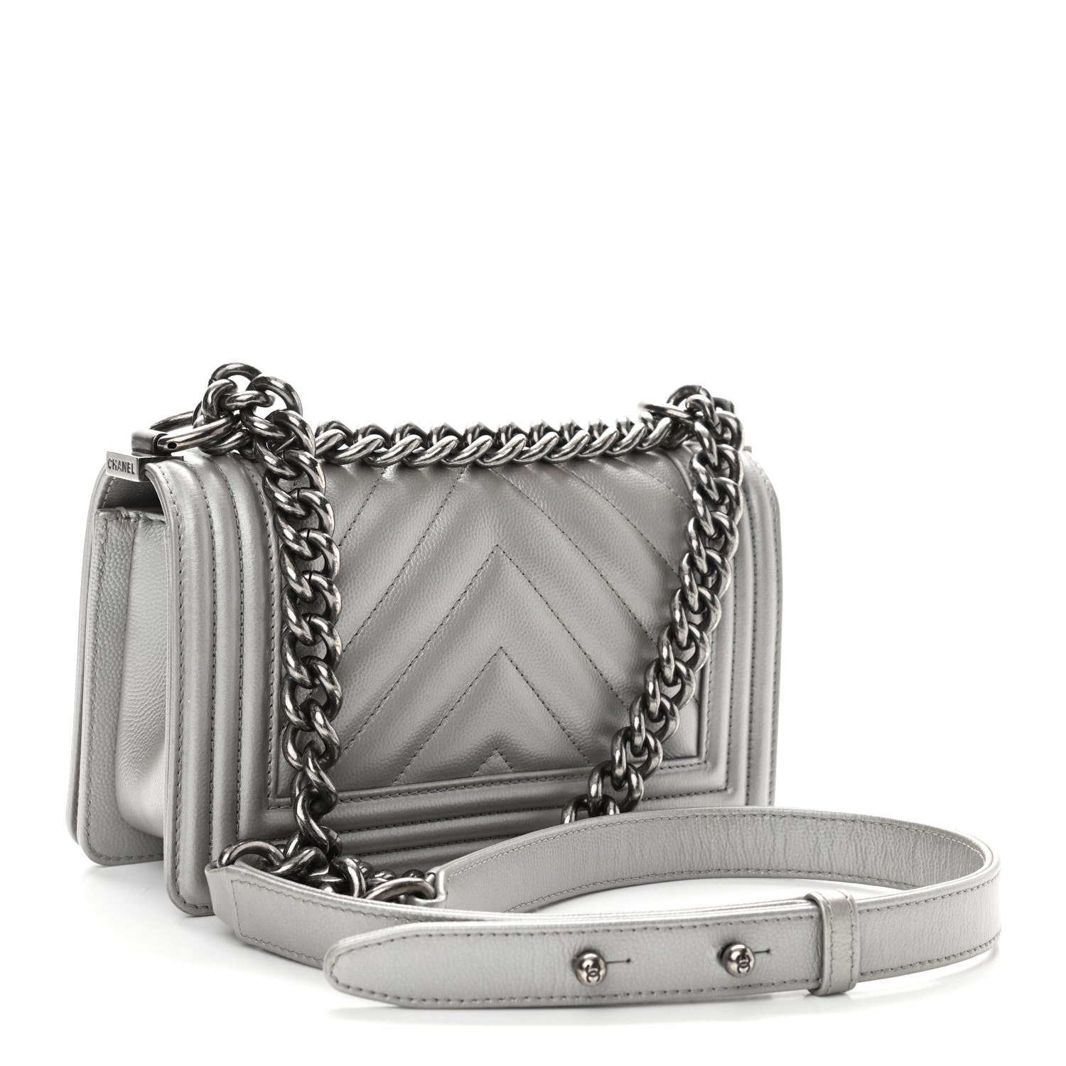 Chanel Metallic Caviar Chevron Quilted Small Boy Flap Silver 2 of 10