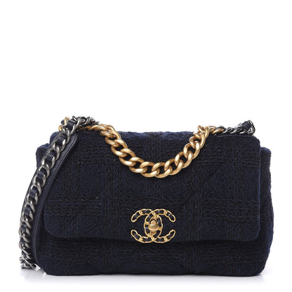 Chanel Tweed Quilted Medium 19 Flap Navy Blue Black 1 of 10