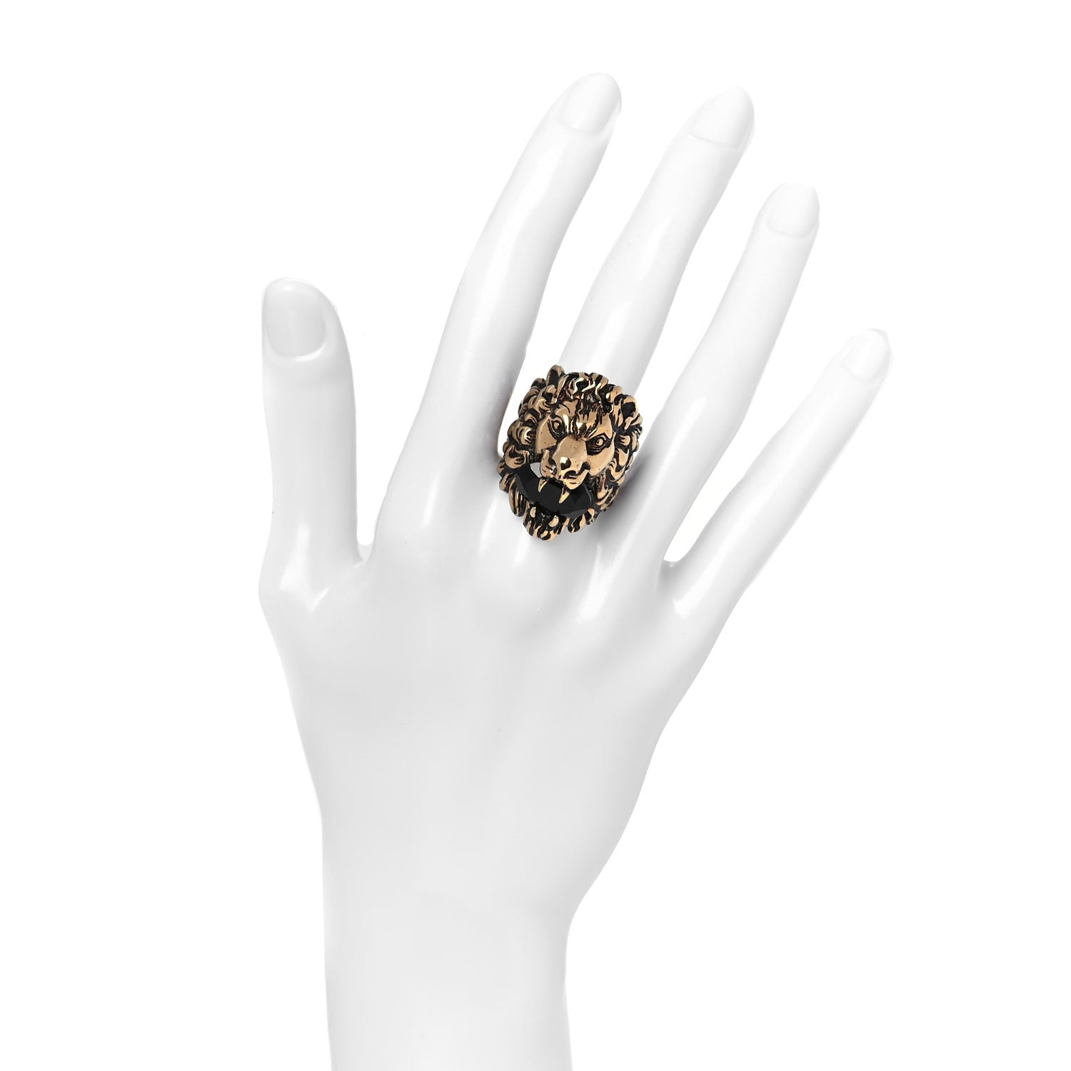 Gucci Metal Crystal Lion Head Ring 19 Black Aged Gold 2 of 5