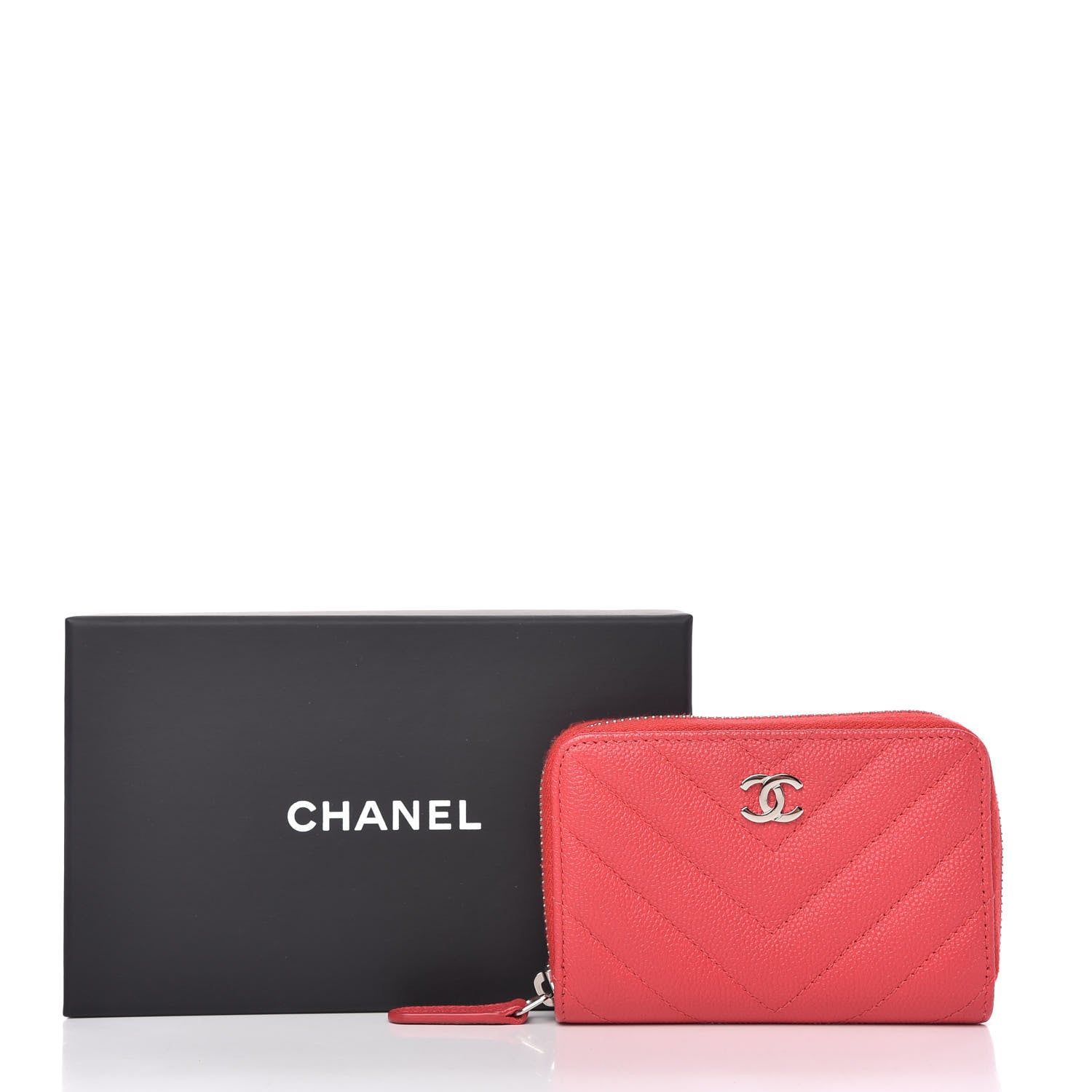 Chanel Caviar Chevron Quilted Zip Around Coin Purse Red 8 of 8