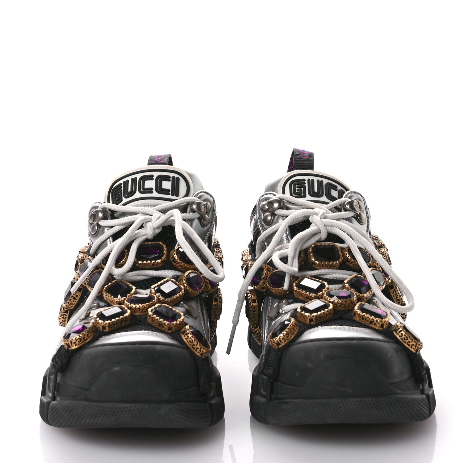 Gucci X SEGA Metallic Calfskin Mesh Removable Crystals Womens Flashtrek Sneakers 37 Silver Black 4 of 7