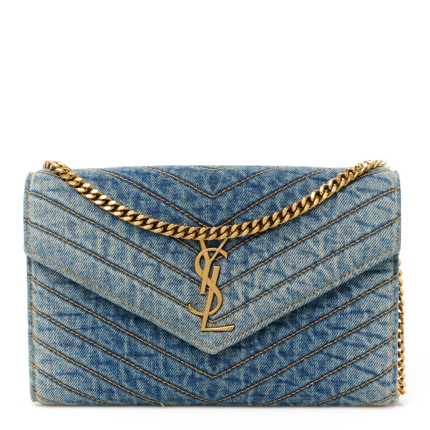 Saint Laurent Denim Matelasse Chevron Monogram Chain Wallet Blue Jeans 1 of 9
