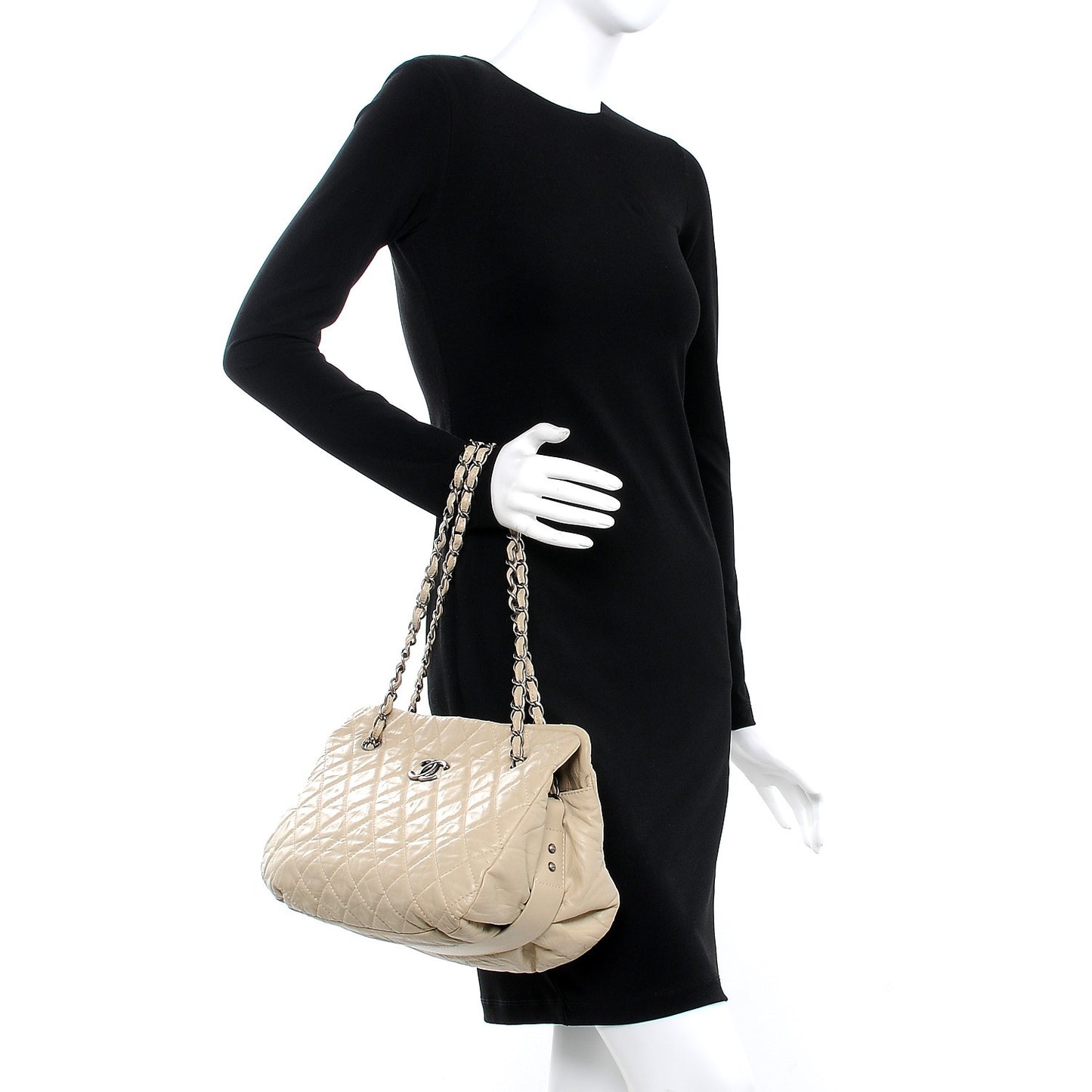 Glazed Calfskin Quilted Tote Light Beige