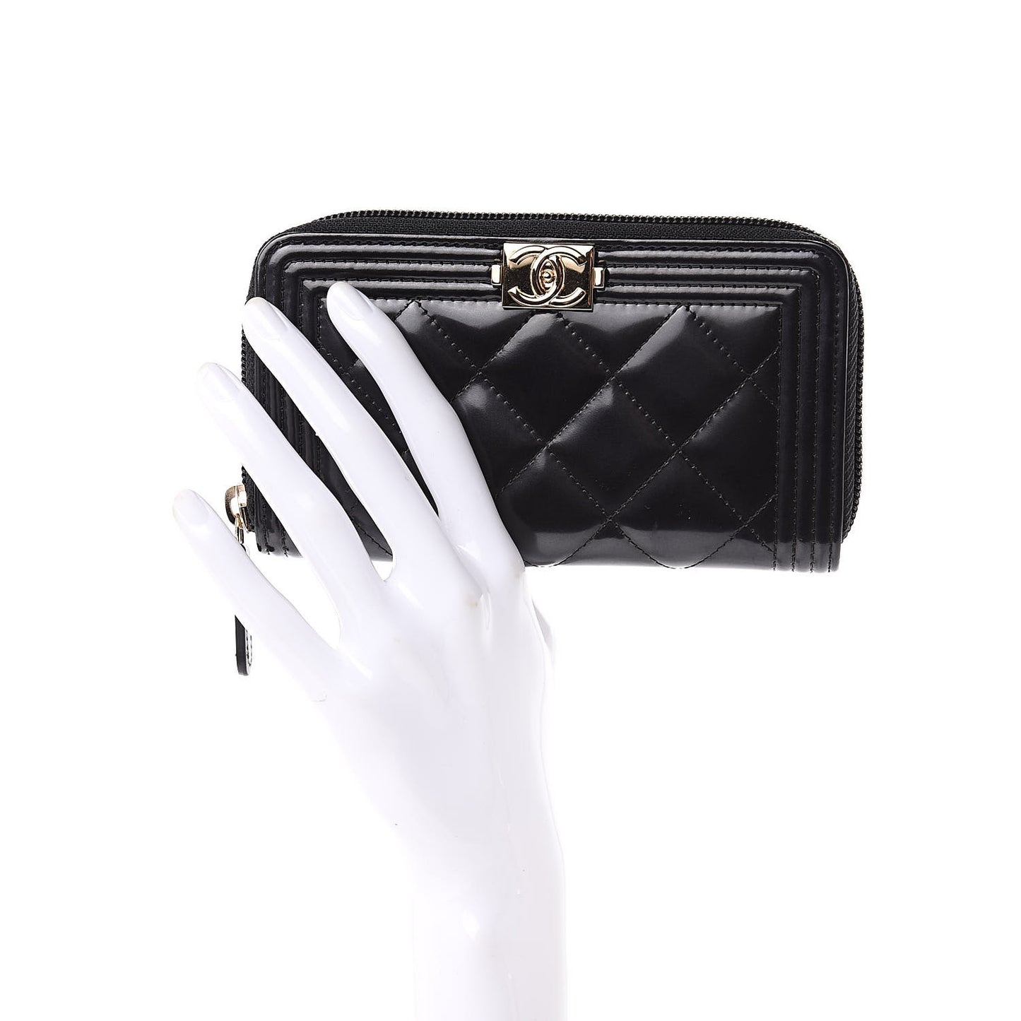 Glazed Calfskin Quilted Small Boy Zip Around Wallet Black