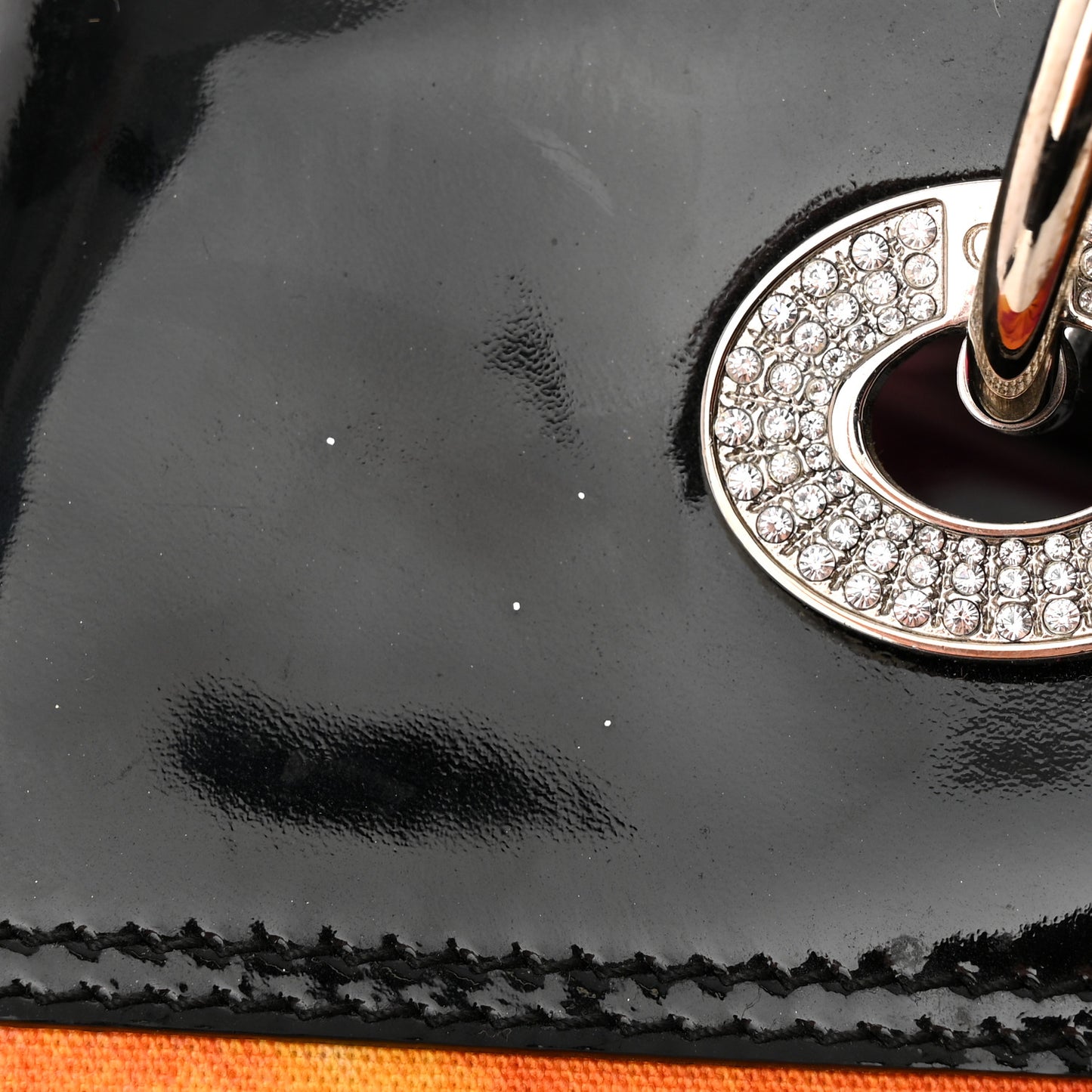 Patent Crystal Embellished Canvas Lips Print Tote Black Multicolor