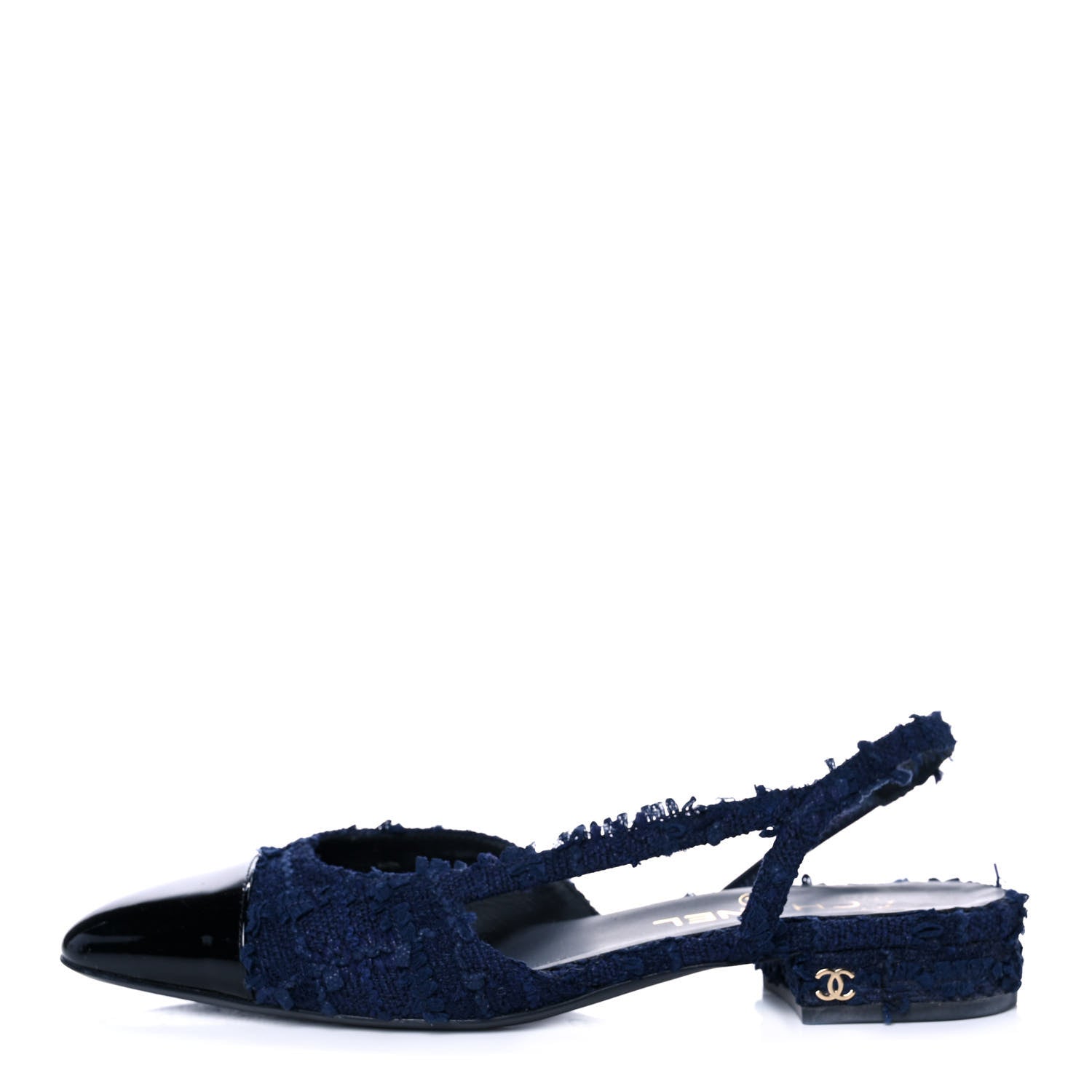 Chanel Tweed Patent Cap Toe CC Slingback Flats 38 Navy 1 of 9