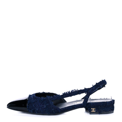 Chanel Tweed Patent Cap Toe CC Slingback Flats 38 Navy 1 of 9