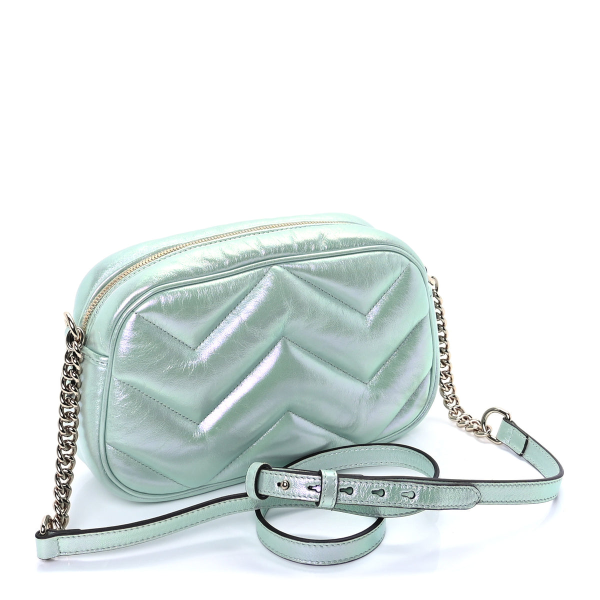 Gucci Iridescent Nappa Chevron Matelasse Small GG Marmont Chain Shoulder Bag Iridescent Salvy Green 2 of 8