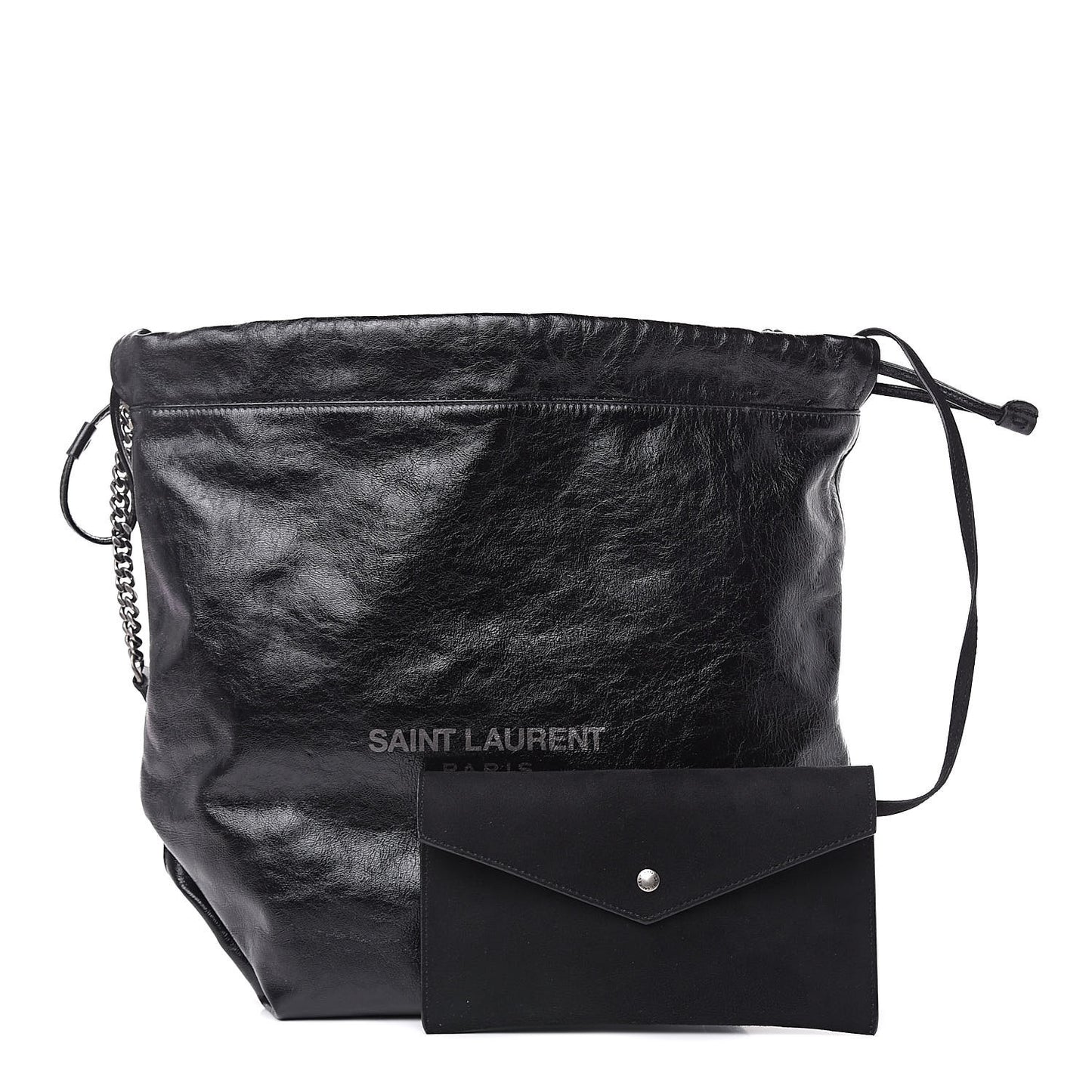 Cracked Shiny Calfskin Teddy Drawstring Bag Black