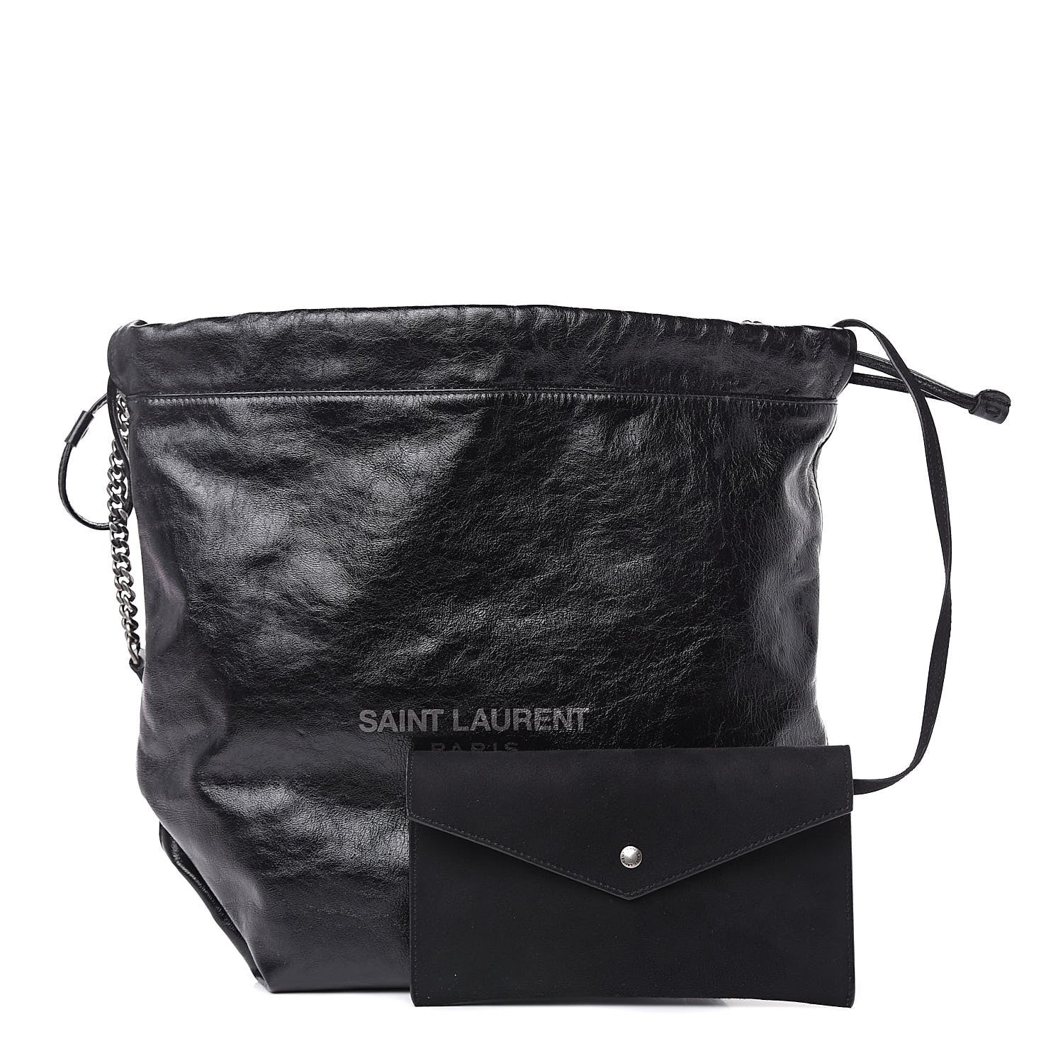 Saint Laurent Cracked Shiny Calfskin Teddy Drawstring Bag Black 1 of 9