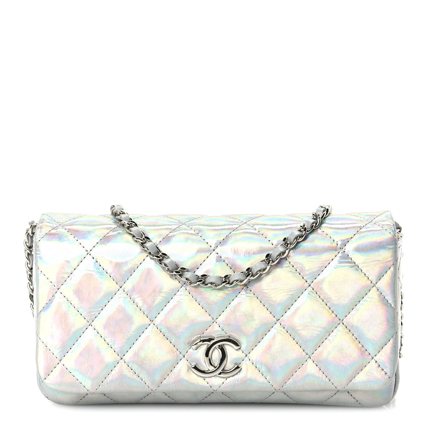 Iridescent Mirror Goatskin Quilted Clutch With Chain  Silver
