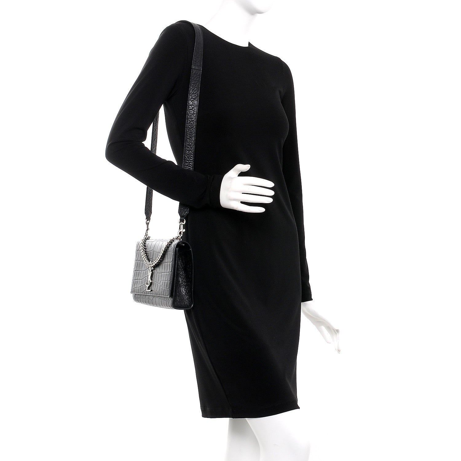 Saint Laurent Calfskin Crocodile Embossed Medium Classic Monogram Kate Double Handle Satchel Black 2 of 7