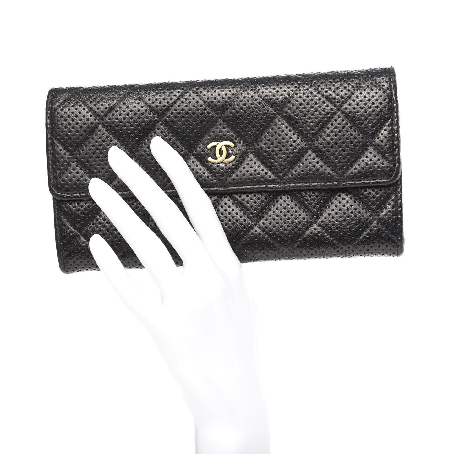 Perforated Lambskin Quilted Large Gusset Flap Wallet Black