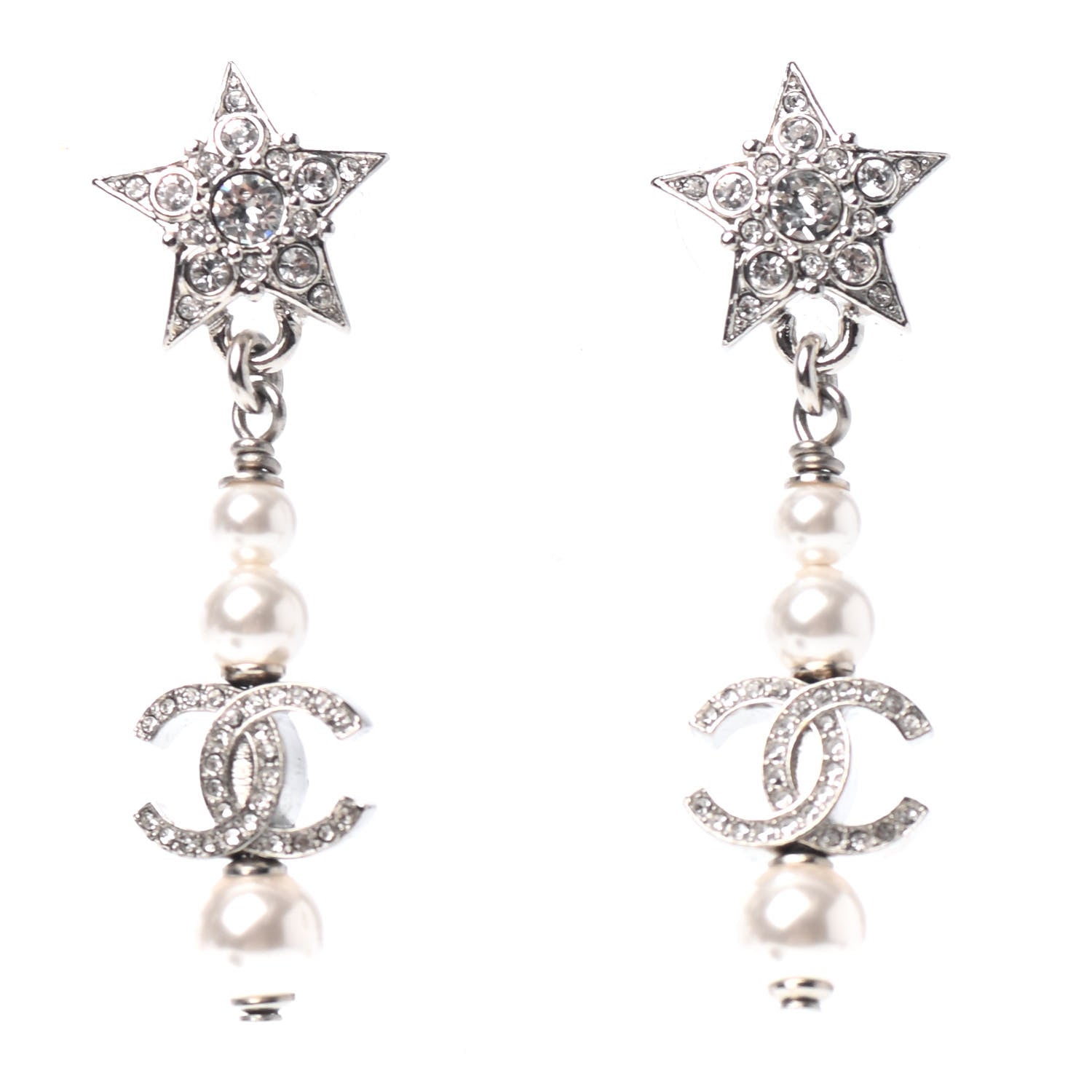 Chanel Crystal Pearl CC Star Drop Earrings Silver 1 of 4