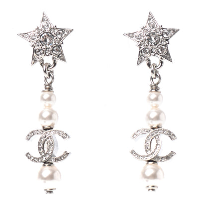 Chanel Crystal Pearl CC Star Drop Earrings Silver 1 of 4