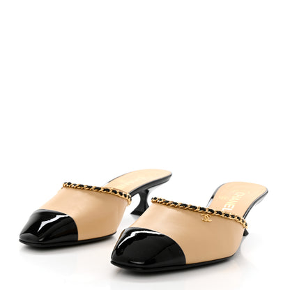 Chanel Lambskin Patent Cap Toe Chain Mule 38.5 Beige Black 3 of 9
