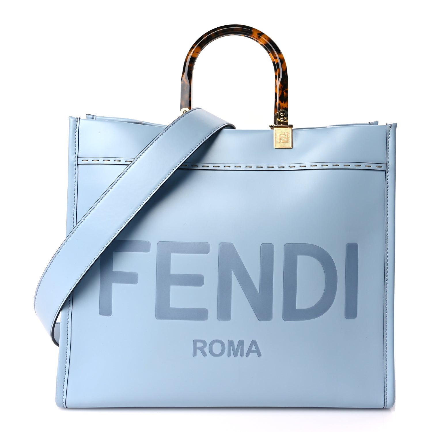 Fendi Vitello King Plexiglass Logo Embossed Medium  Sunshine Shopper Tote Azzurro Baby 1 of 8