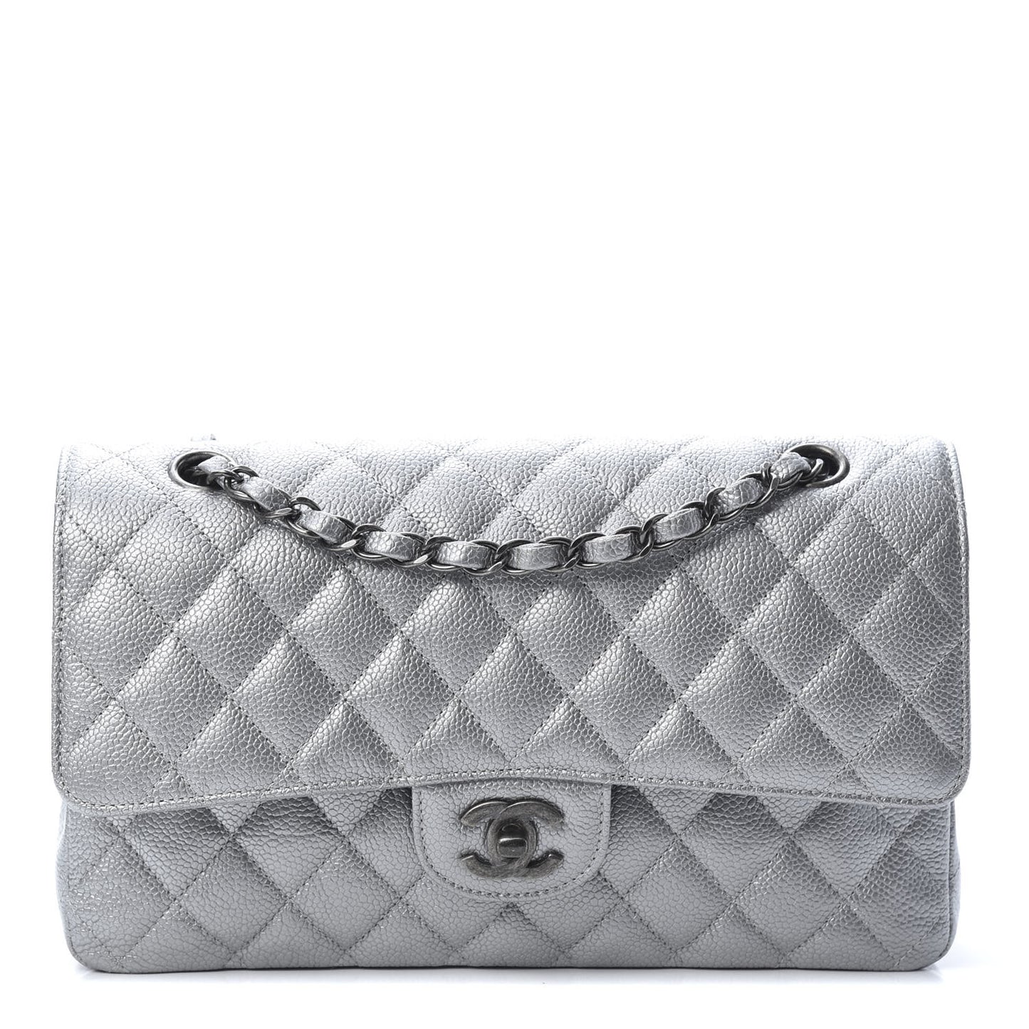 Metallic Caviar Quilted Medium Double Flap Silver
