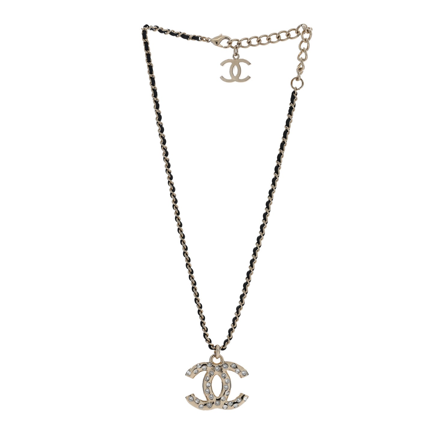 Lambskin Crystal CC Chain Pendant Necklace Black Gold