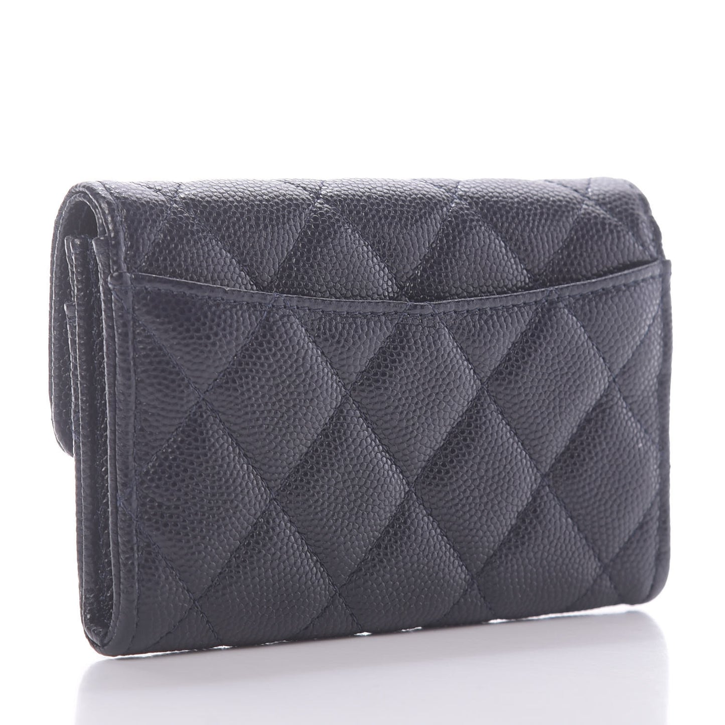 Caviar Quilted Flap Card Holder Wallet Navy Blue