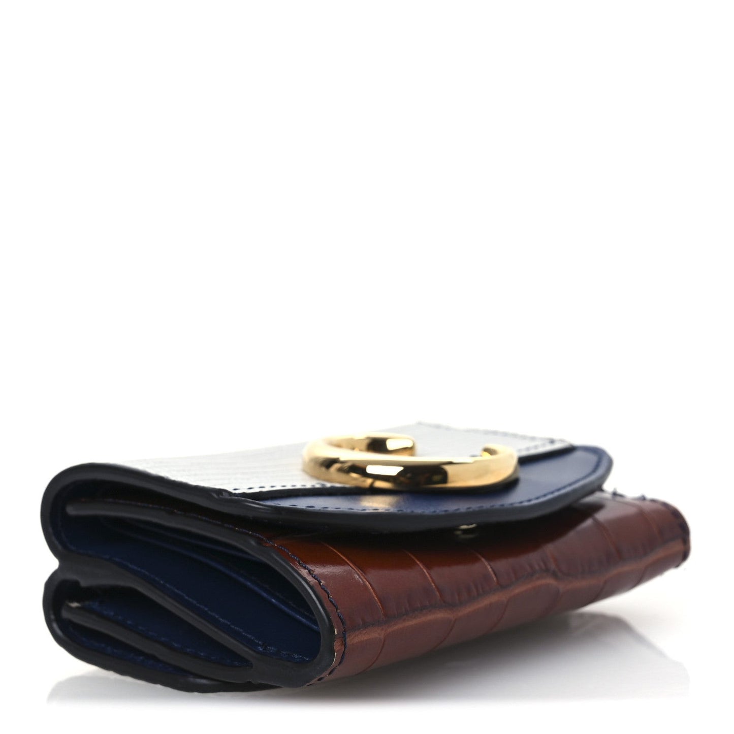 Lizard Crocodile Embossed Shiny Calfskin Small C Tri-Fold Wallet Chestnut Brown Blue Chestnut Brown Blue