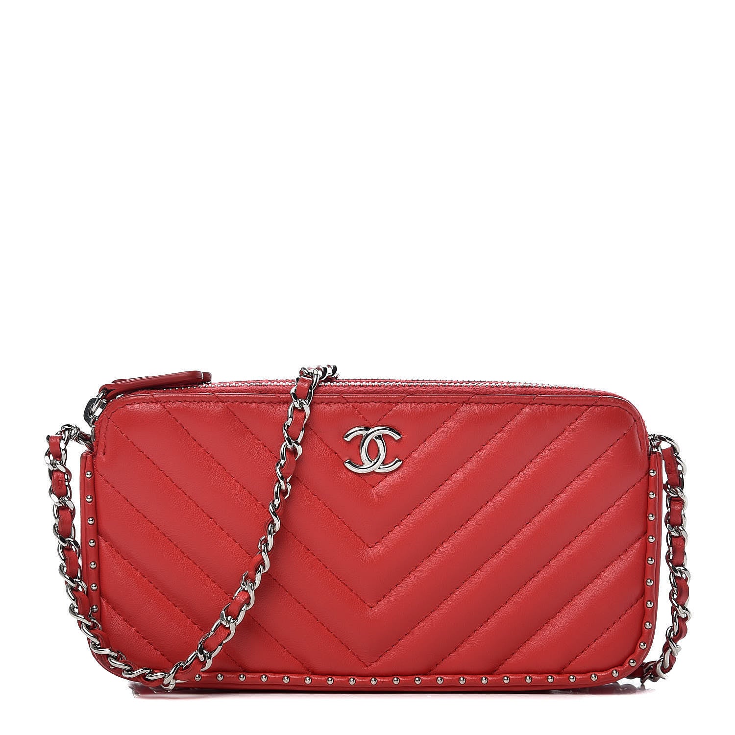 Chanel Lambskin Chevron Quilted Studded Small Clutch With Chain Red 1 of 16