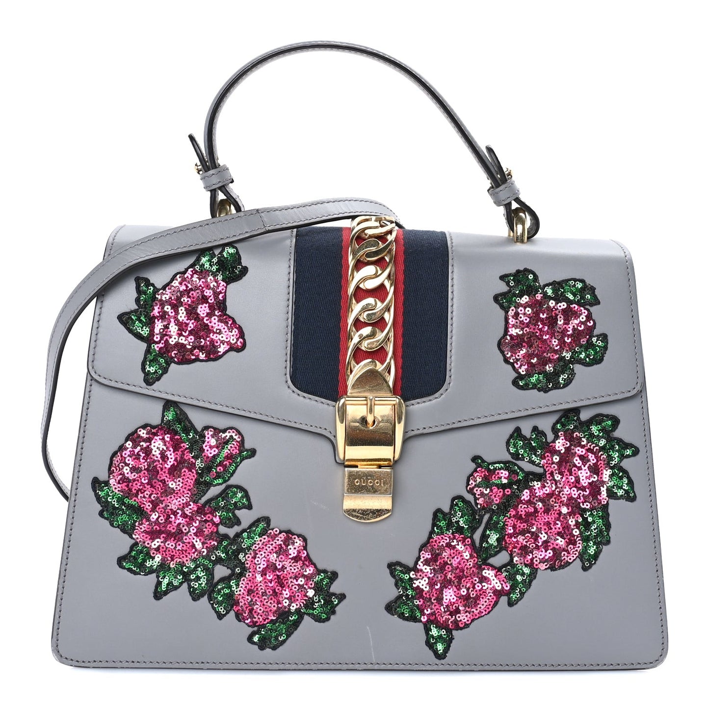 Calfskin Embroidered Sylvie Top Handle Bag Grey