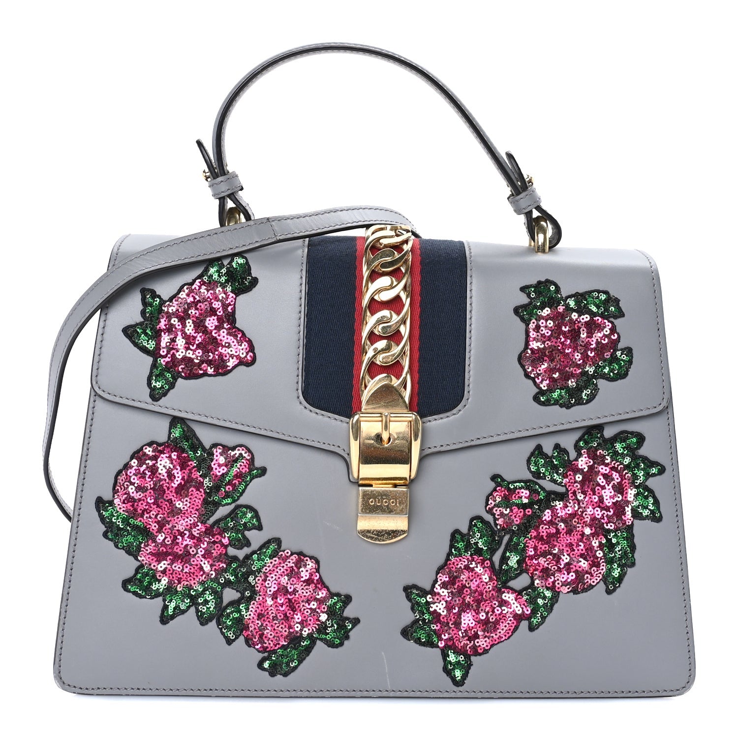 Gucci Calfskin Embroidered Sylvie Top Handle Bag Grey 1 of 7