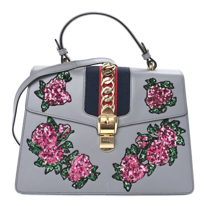 Gucci Calfskin Embroidered Sylvie Top Handle Bag Grey 1 of 7