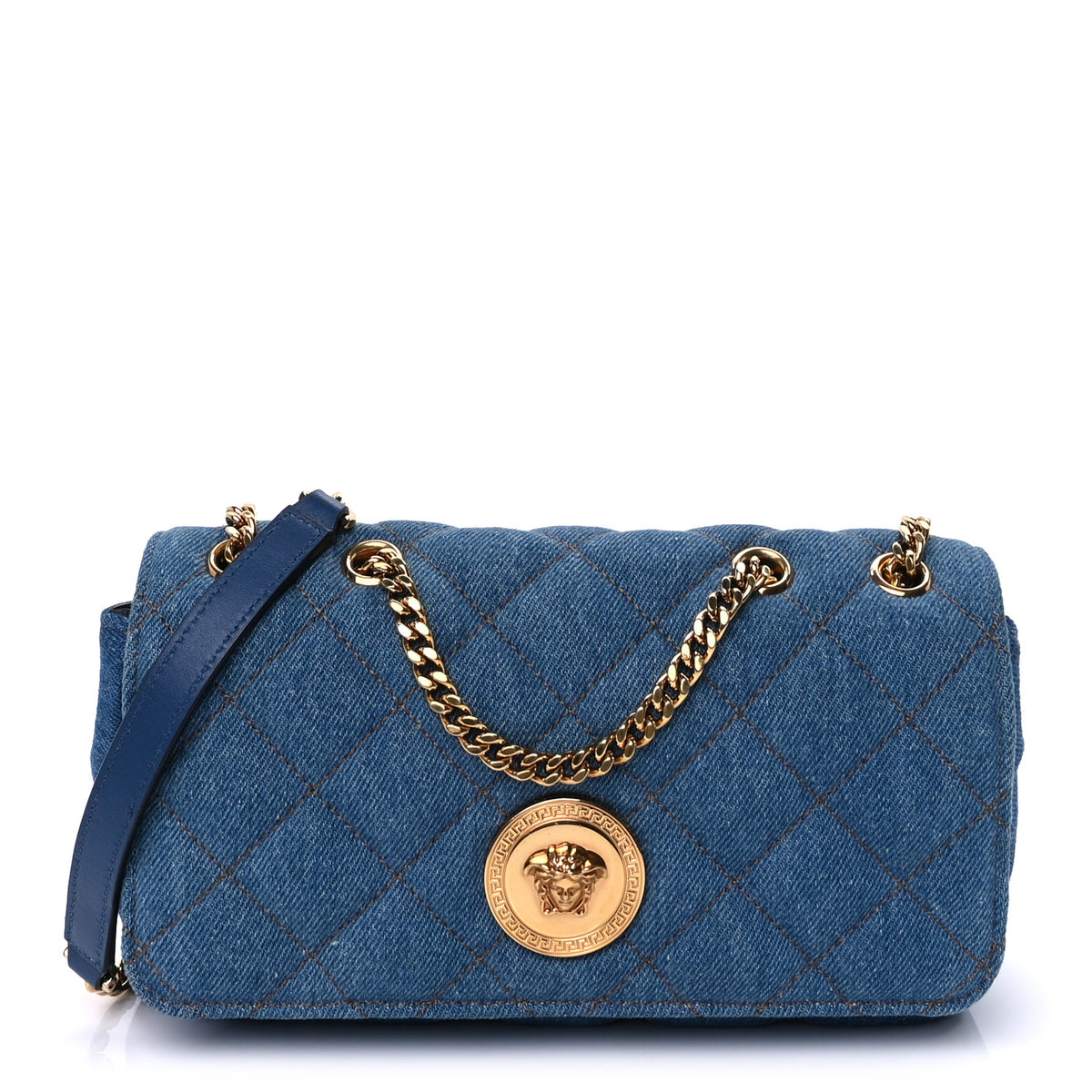 Denim Quilted La Medusa Small Shoulder Bag Blue