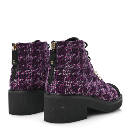 Chanel Tweed Pearl Combat Short Boots 38 Purple Black 4 of 7