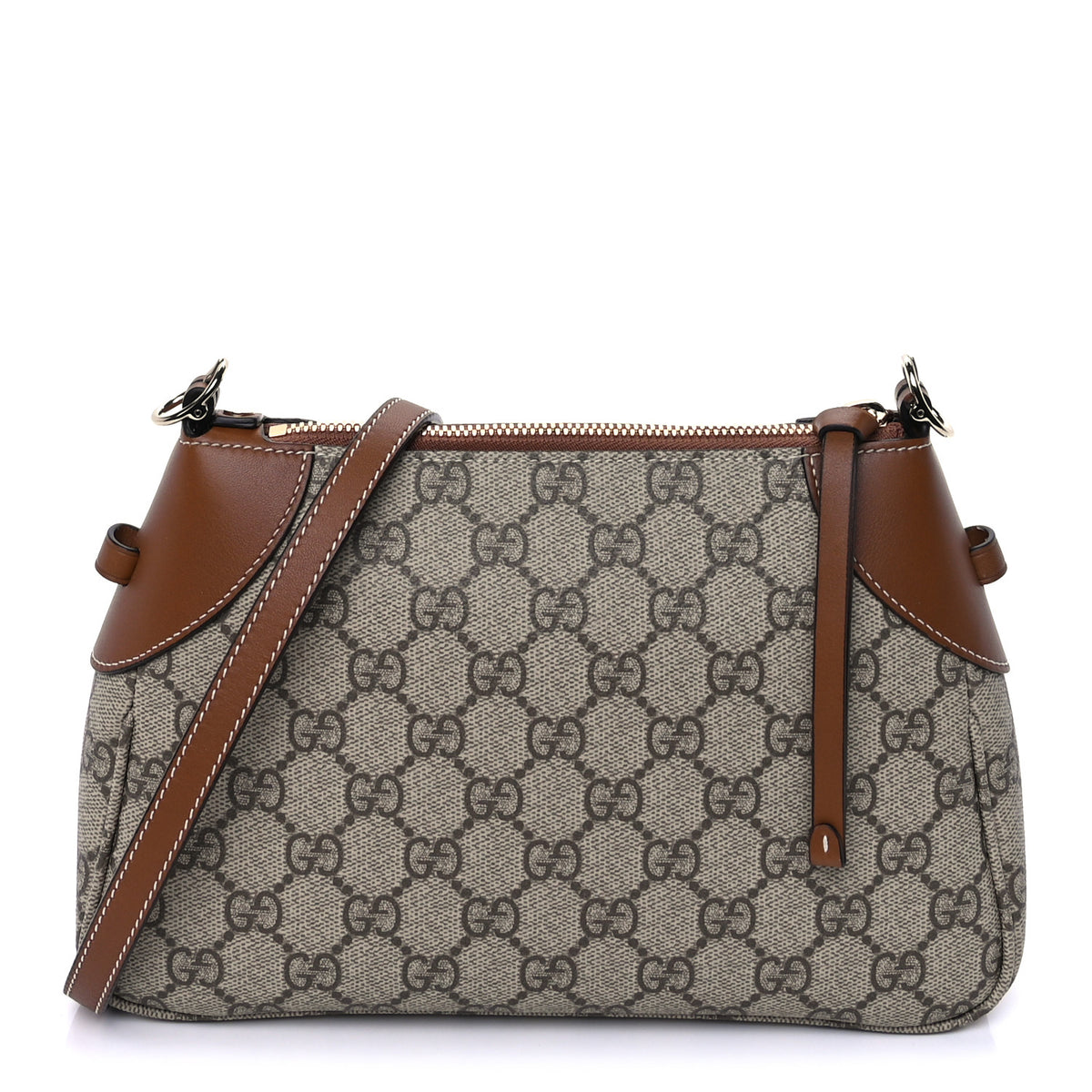 Gucci GG Supreme Monogram Textured Calfskin Small Emblem Shoulder Bag Beige Dark Brown 1 of 8