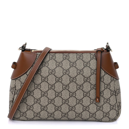Gucci GG Supreme Monogram Textured Calfskin Small Emblem Shoulder Bag Beige Dark Brown 1 of 8