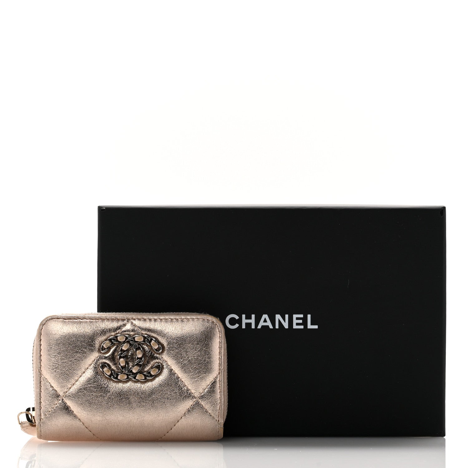 Chanel Metallic Lambskin Quilted Chanel 19 Zip Around Coin Purse Wallet Gold 13 of 13