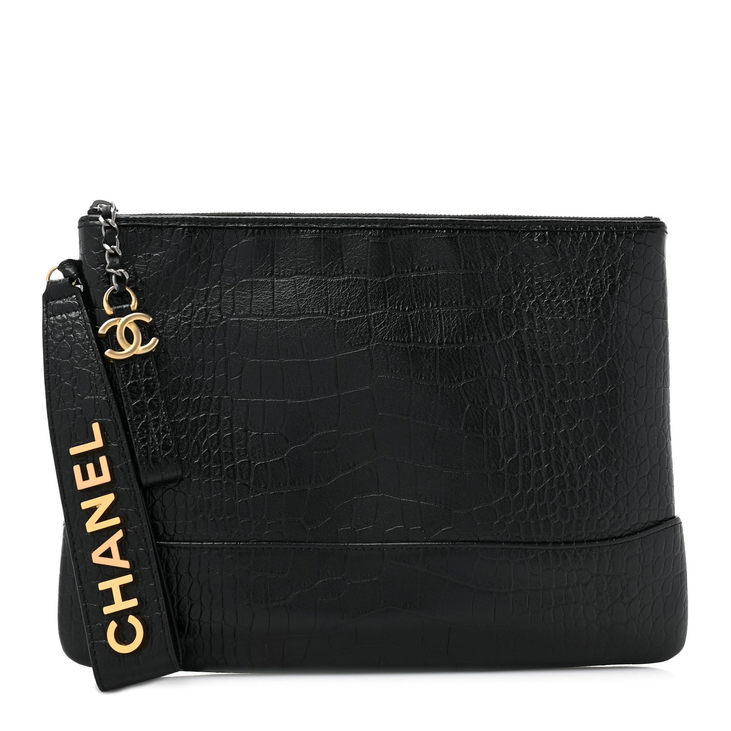 Calfskin Crocodile Embossed Quilted Medium Gabrielle Cosmetic Case Black