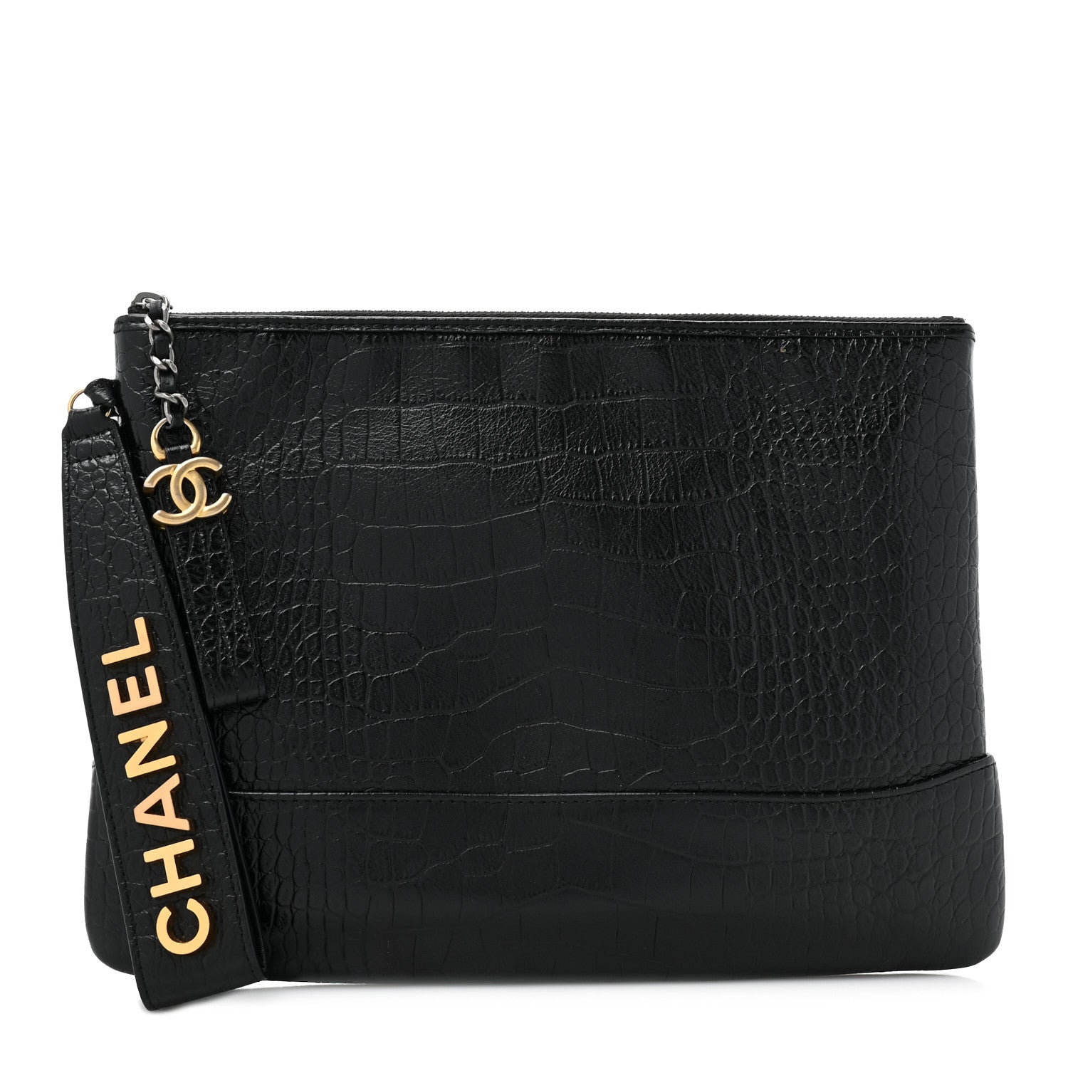 Chanel Calfskin Crocodile Embossed Quilted Medium Gabrielle Cosmetic Case Black 1 of 10