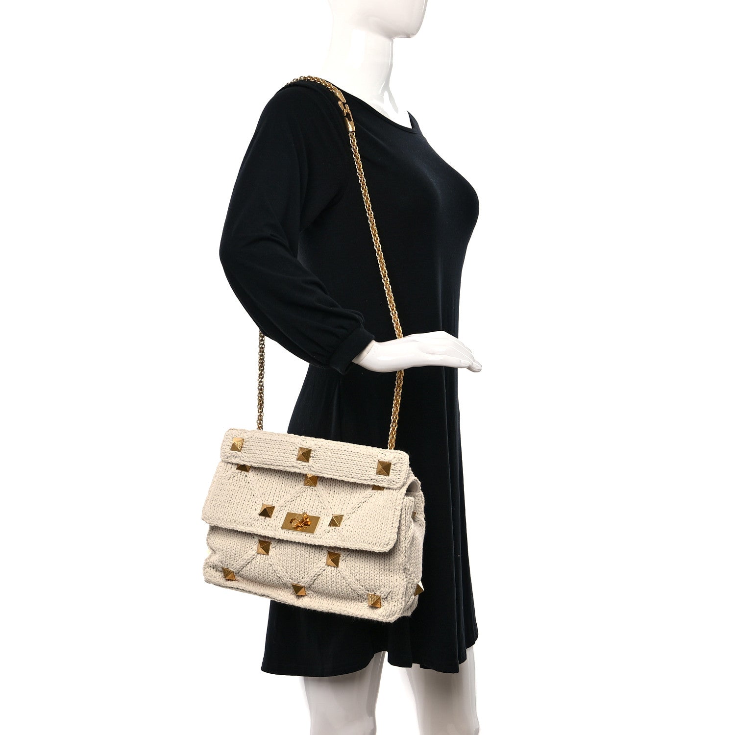 Valentino Garavani Knit Large Roman Stud Shoulder Bag Ecru 2 of 8