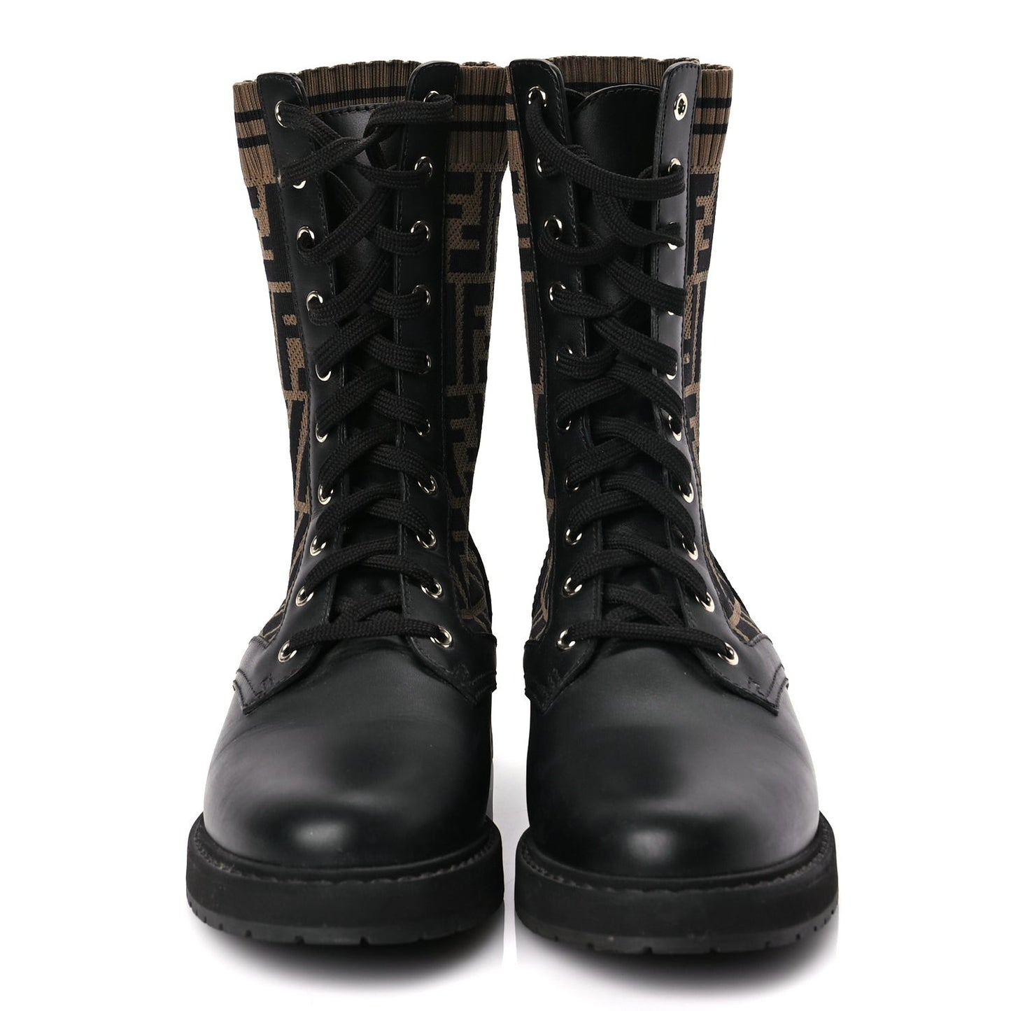 Calfskin Stretch Fabric FF Rockoko Biker Boots 40.5 Black Tobacco