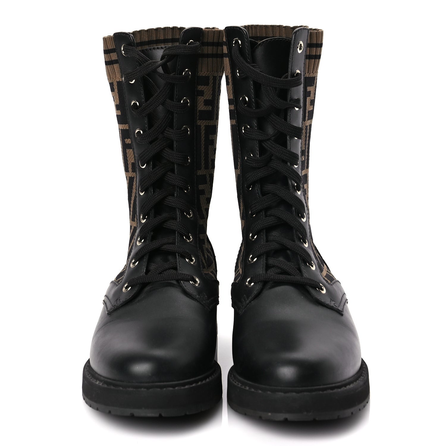 Fendi Calfskin Stretch Fabric FF Rockoko Biker Boots 40.5 Black Tobacco 2 of 6