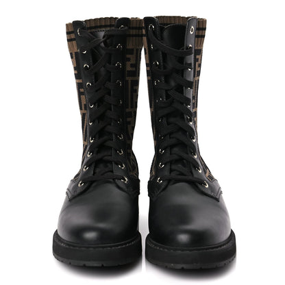 Fendi Calfskin Stretch Fabric FF Rockoko Biker Boots 40.5 Black Tobacco 2 of 6