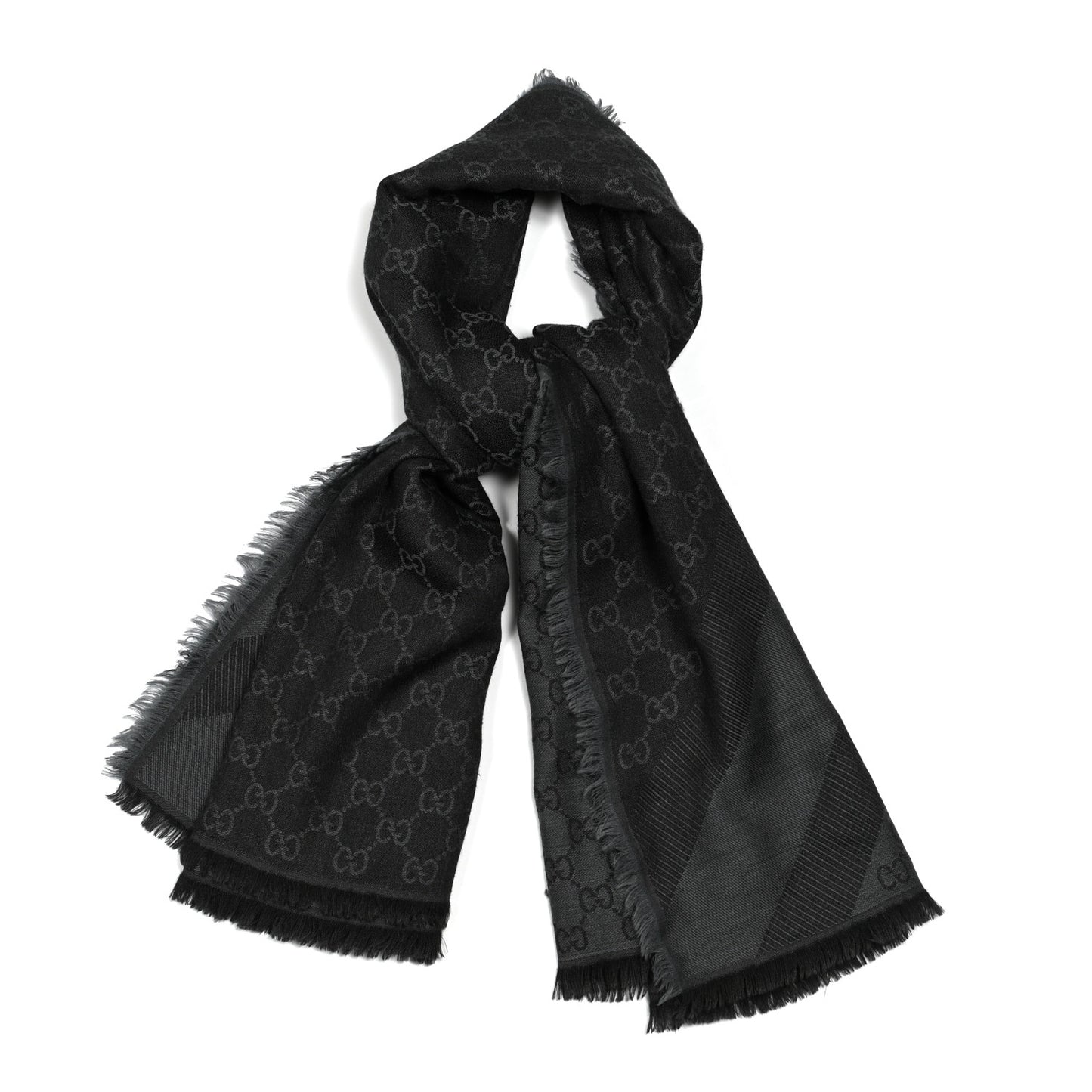 Wool Silk Monogram GGWeb Fringe Shawl Black Medium Grey