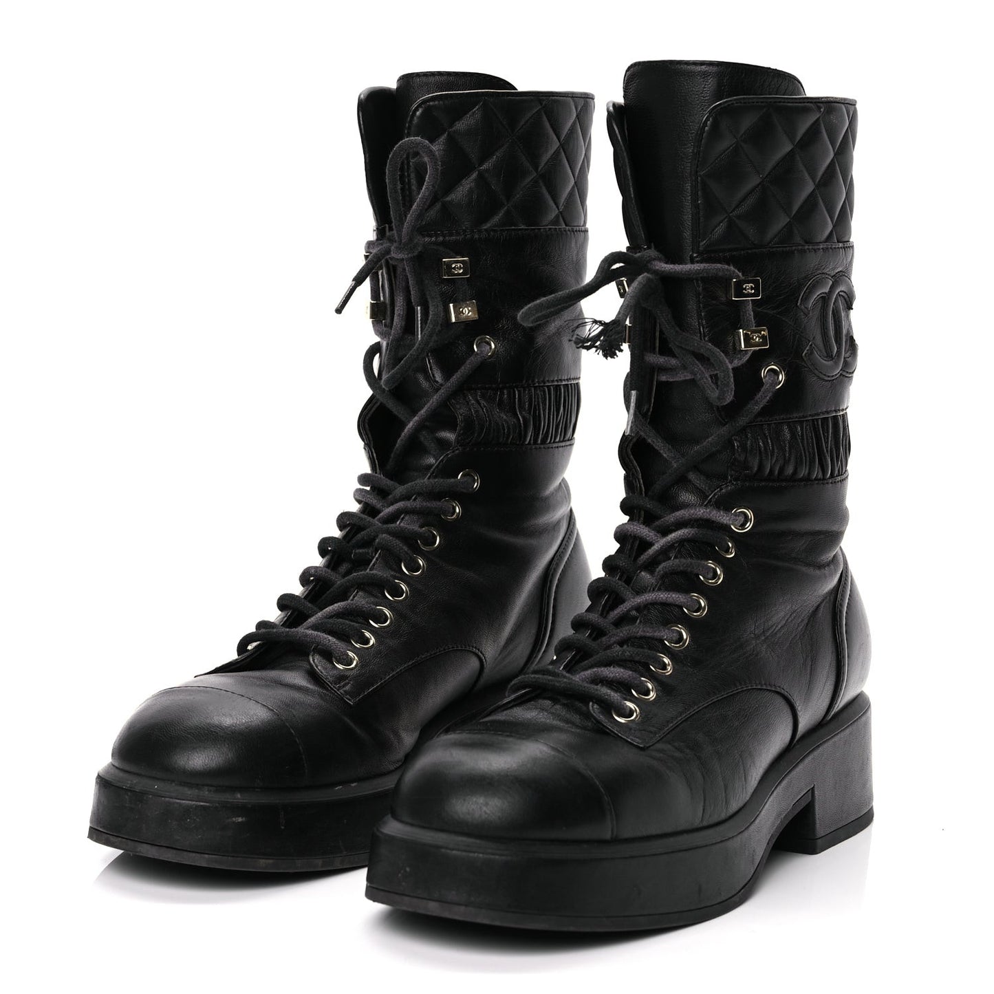 Lambskin Quilted Lace Up Combat Boots 37 Black
