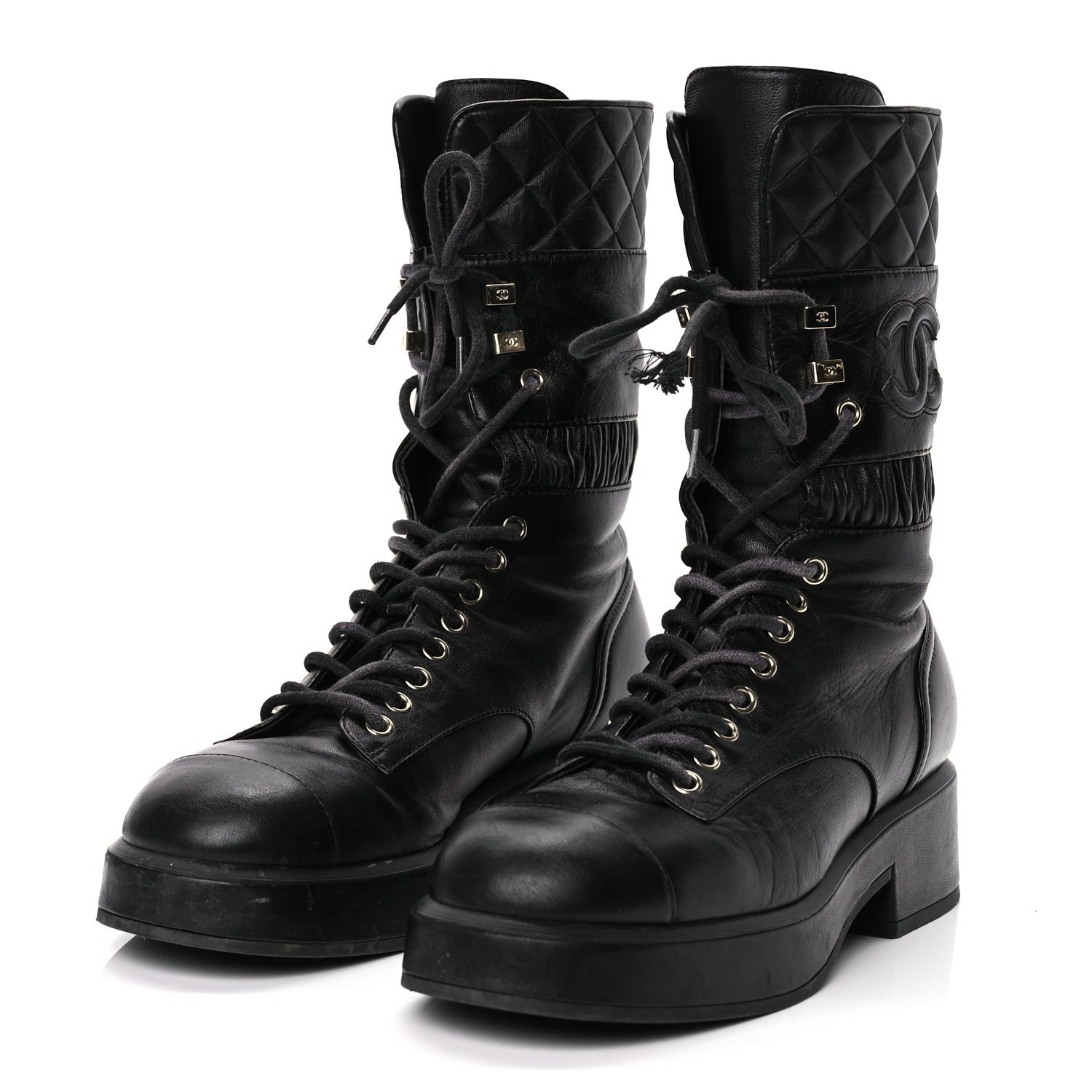 Chanel Lambskin Quilted Lace Up Combat Boots 37 Black 3 of 12