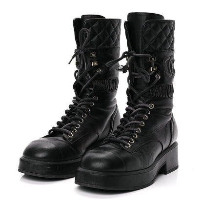Chanel Lambskin Quilted Lace Up Combat Boots 37 Black 3 of 12