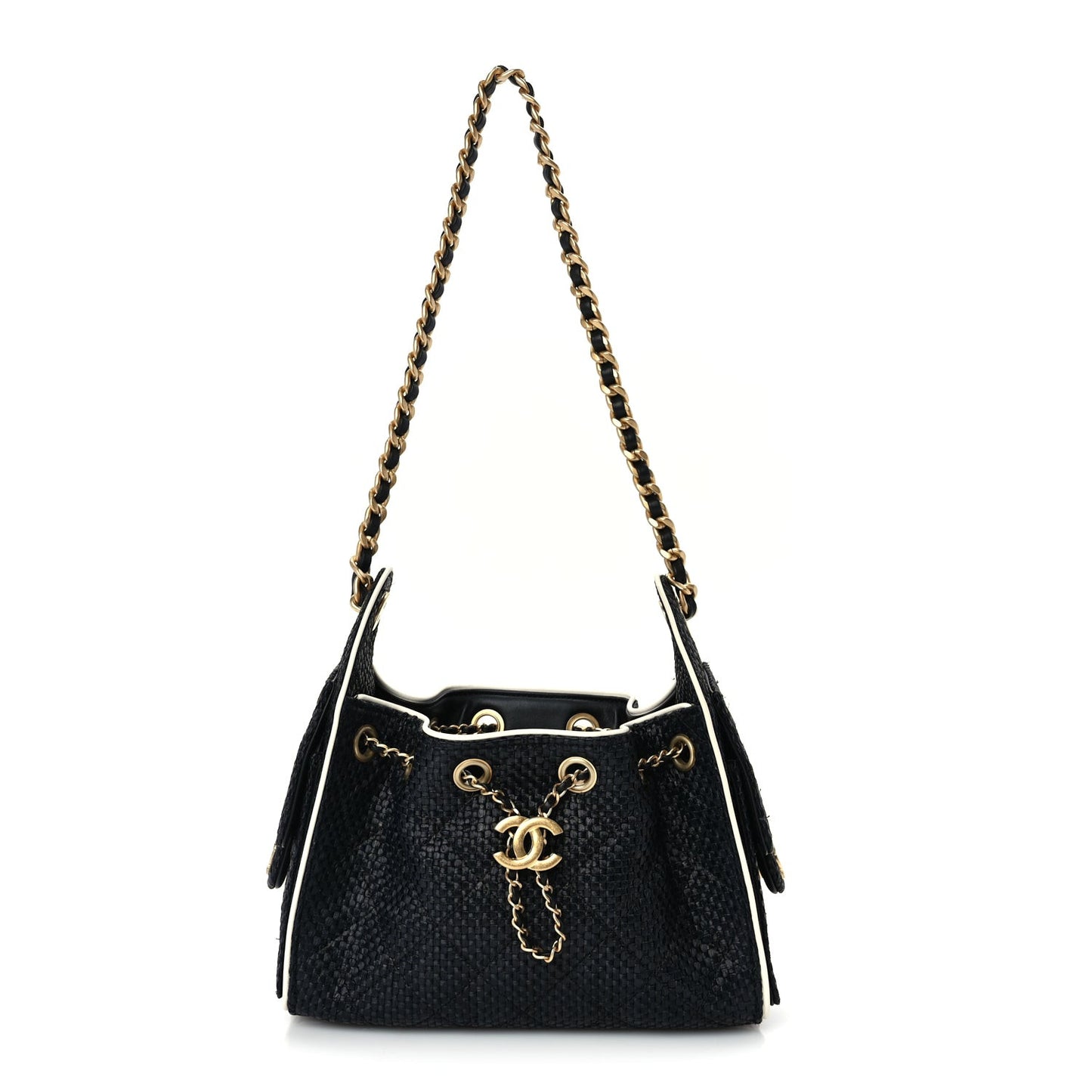 Braided Raffia Calfskin Quilted Mini  25 Handbag Black White