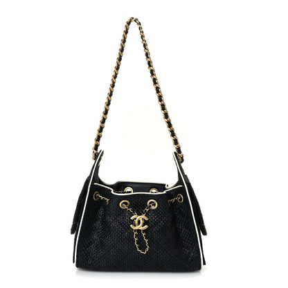 Chanel Braided Raffia Calfskin Quilted Mini  25 Handbag Black White 1 of 9